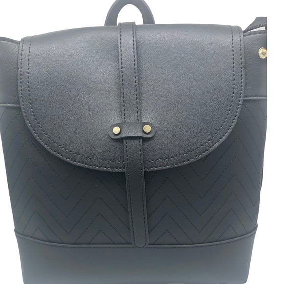 IMOSHION Black Vegan Leather Chevron Quilted Flap Backpack Gold Hardware main image 8